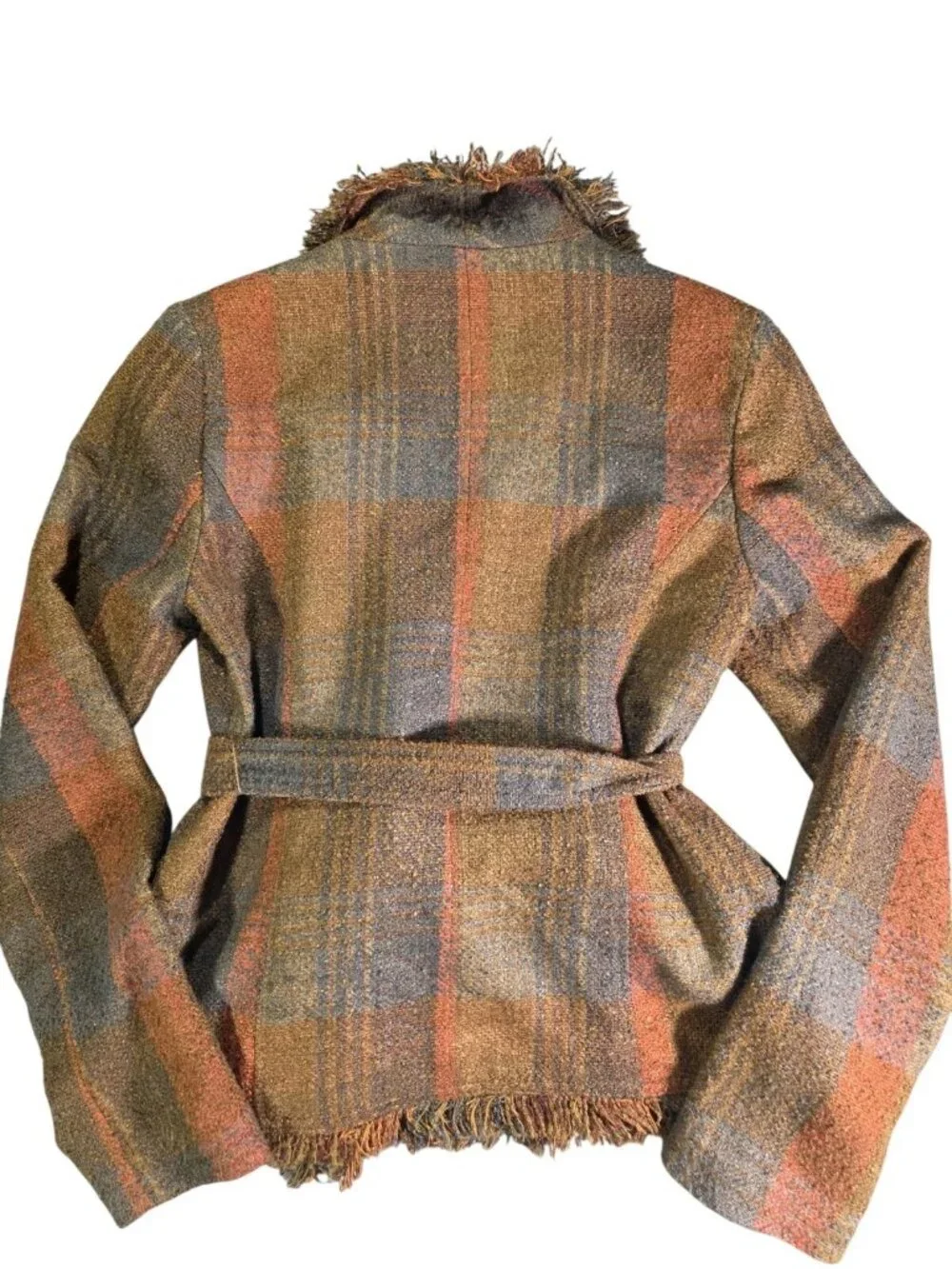 Cartonnier Anthropologie Women's Plaid Tie Waist Fringe Blazer Jacket Sz 10